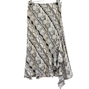 Sharon Max USA Asymmetrical Lace Print Skirt Small Black Beige Y2K Boho Chic